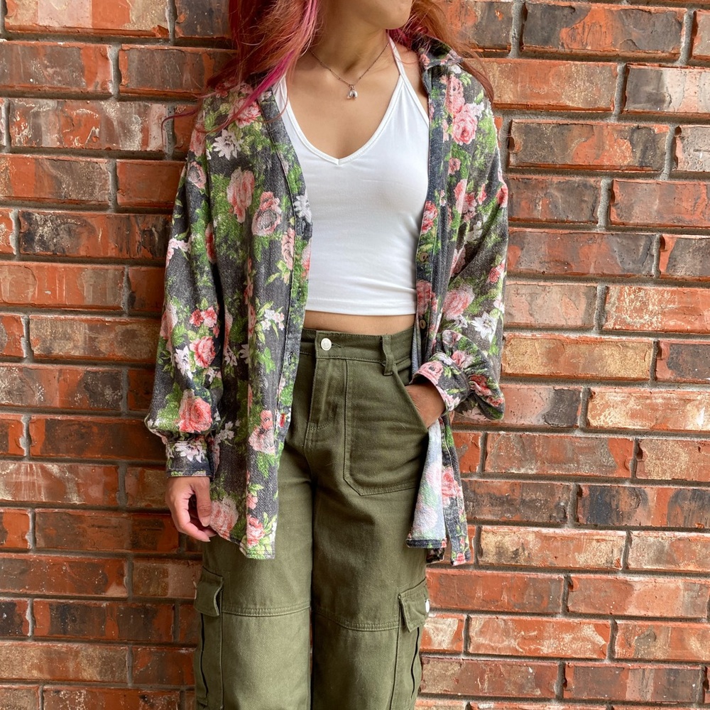 Free people light green with multi floral button down blouse top small
